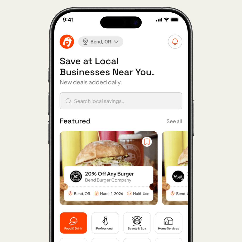 Local Coupons app showing nearby business offers and featured deals